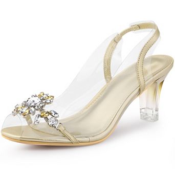 Peep Toe Flower Rhinestone Clear Chunky Heels Cinderella Glass Sandals for Women