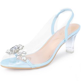 Peep Toe Flower Rhinestone Clear Chunky Heels Cinderella Glass Sandals for Women