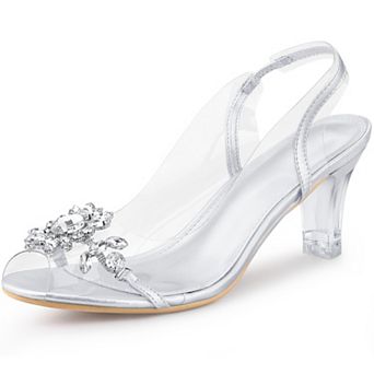 Peep Toe Flower Rhinestone Clear Chunky Heels Cinderella Glass Sandals for Women
