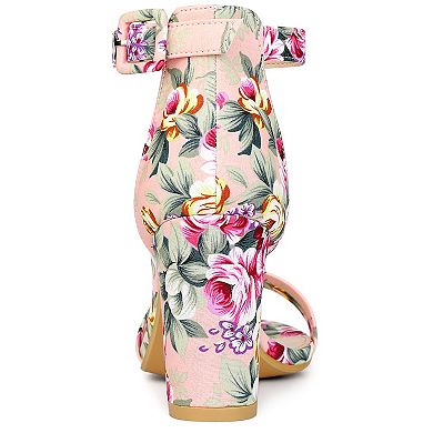 Women's Floral Print Open Toe Block High Heels Summer Sandals