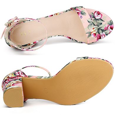Women's Floral Print Open Toe Block High Heels Summer Sandals