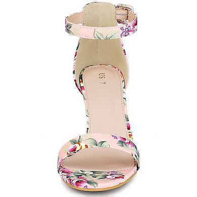 Women's Floral Print Open Toe Block High Heels Summer Sandals