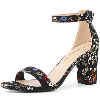 Women's Floral Print Open Toe Block High Heels Summer Sandals