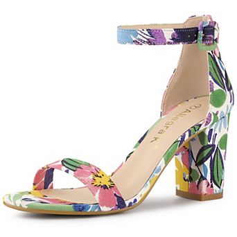 Women's Floral Print Open Toe Block High Heels Summer Sandals