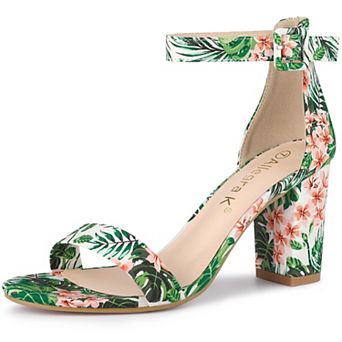 Women's Floral Print Open Toe Block High Heels Summer Sandals