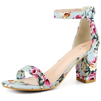 Women's Floral Print Open Toe Block High Heels Summer Sandals