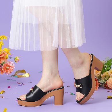 Open Toe Platform Block Heel Slides Sandals for Women