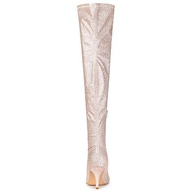 Women's Glitter Pointed Toe Stiletto Heel Over the Knee Thigh High Boots