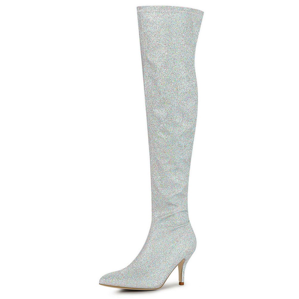 Women's Glitter Pointed Toe Stiletto Heel Over the Knee Thigh High Boots