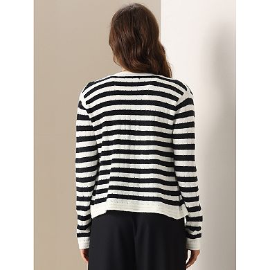 Women's Knit Cardigan Sweaters Striped Open Front Button Up Cardigans Casual Lady Jackets