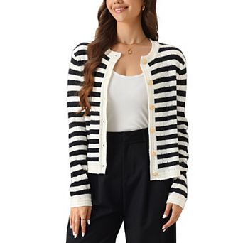 Women's Knit Cardigan Sweaters Striped Open Front Button Up Cardigans Casual Lady Jackets