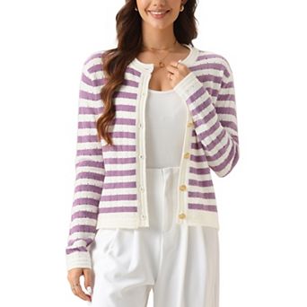 Women's Knit Cardigan Sweaters Striped Open Front Button Up Cardigans Casual Lady Jackets