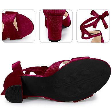 Velvet Chunky Heel Cross Strap Lace Up Sandals for Women