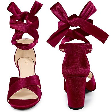 Velvet Chunky Heel Cross Strap Lace Up Sandals for Women