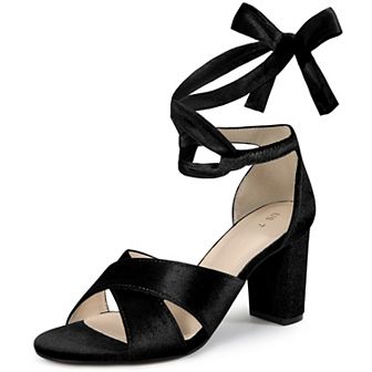 Velvet Chunky Heel Cross Strap Lace Up Sandals for Women