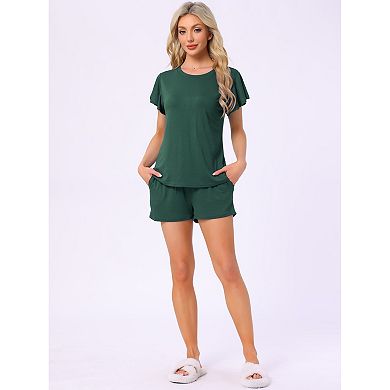 Women's Lounge Set Flounce Pajama Set Solid Sleepwear Short Sleeve Top and Shorts with Pockets