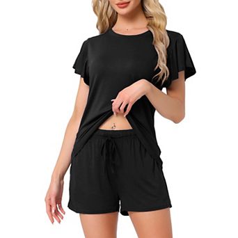 Women's Lounge Set Flounce Pajama Set Solid Sleepwear Short Sleeve Top and Shorts with Pockets