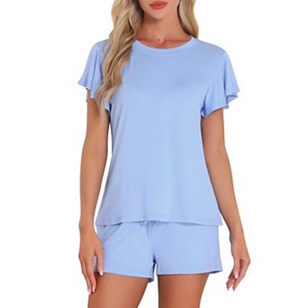Women's Lounge Set Flounce Pajama Set Solid Sleepwear Short Sleeve Top and Shorts with Pockets