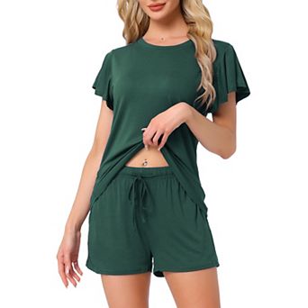 Women's Lounge Set Flounce Pajama Set Solid Sleepwear Short Sleeve Top and Shorts with Pockets