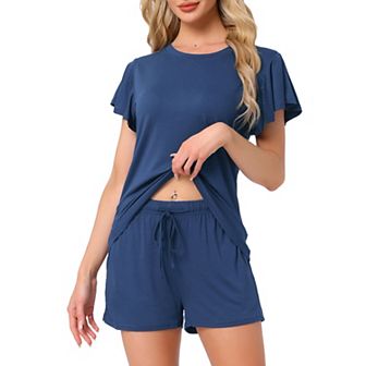 Women's Lounge Set Flounce Pajama Set Solid Sleepwear Short Sleeve Top and Shorts with Pockets