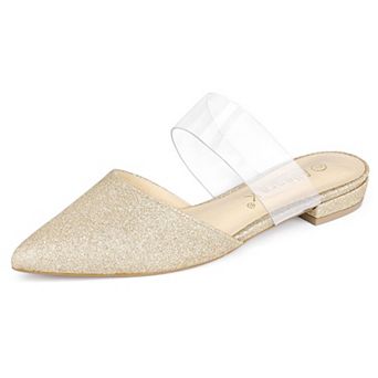 Women's Glitter Clear Ankle Strap Flat Mules