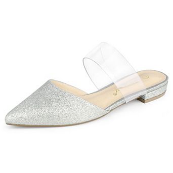 Women's Glitter Clear Ankle Strap Flat Mules