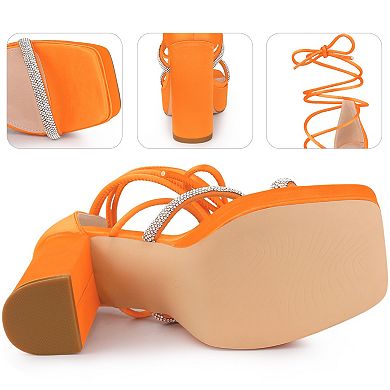 Rhinestone Platform Lace Up Chunky Heels Sandals for Women