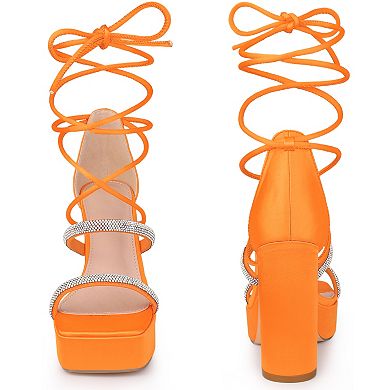 Rhinestone Platform Lace Up Chunky Heels Sandals for Women