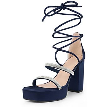 Rhinestone Platform Lace Up Chunky Heels Sandals for Women