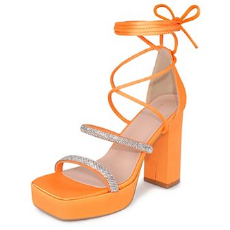 Rhinestone Platform Lace Up Chunky Heels Sandals for Women