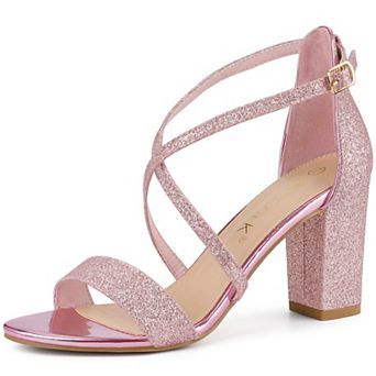 Women's Glitter Crisscross Strap Block Heels Sandals