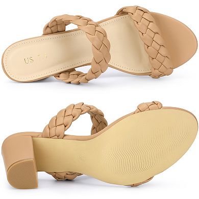 Women's Braided Heeled Slip on Chunky Heel Slide Sandals