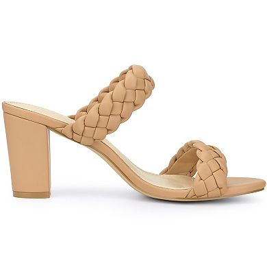 Women's Braided Heeled Slip on Chunky Heel Slide Sandals