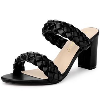 Women's Braided Heeled Slip on Chunky Heel Slide Sandals