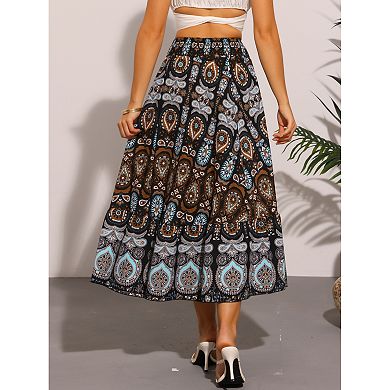 Floral Skirts for Women's Boho Elastic High Waist Casual Beach Flowy Maxi Skirt