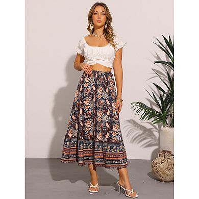 Floral Skirts for Women's Boho Elastic High Waist Casual Beach Flowy Maxi Skirt