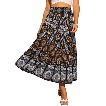 Floral Skirts for Women's Boho Elastic High Waist Casual Beach Flowy Maxi Skirt