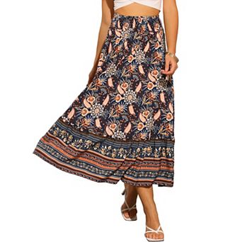 Floral Skirts for Women's Boho Elastic High Waist Casual Beach Flowy Maxi Skirt