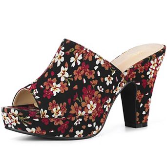 Platform Floral Chunky Heel Slides Sandals for Women