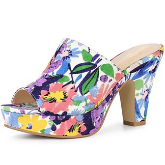 Platform Floral Chunky Heel Slides Sandals for Women
