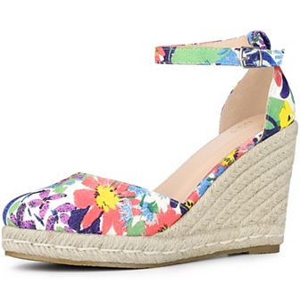Platform Espadrilles Closed Toe Floral Wedge Heel Sandals Wedges for Women