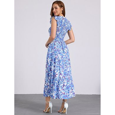 Women's Boho V Neck Ruffle Cap Sleeve Smocked Floral Tiered Flowy Maxi Dress