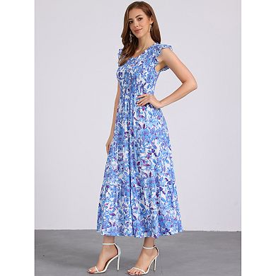 Women's Boho V Neck Ruffle Cap Sleeve Smocked Floral Tiered Flowy Maxi Dress