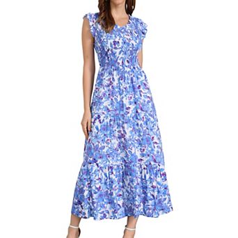 Women's Boho V Neck Ruffle Cap Sleeve Smocked Floral Tiered Flowy Maxi Dress