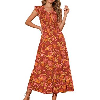 Women's Boho V Neck Ruffle Cap Sleeve Smocked Floral Tiered Flowy Maxi Dress