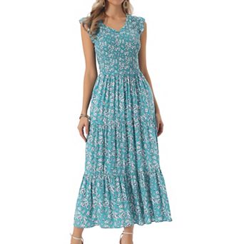 Women's Boho V Neck Ruffle Cap Sleeve Smocked Floral Tiered Flowy Maxi Dress