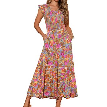 Women's Boho V Neck Ruffle Cap Sleeve Smocked Floral Tiered Flowy Maxi Dress