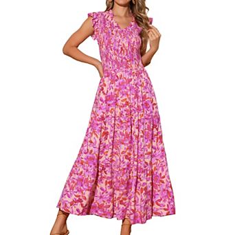Women's Boho V Neck Ruffle Cap Sleeve Smocked Floral Tiered Flowy Maxi Dress