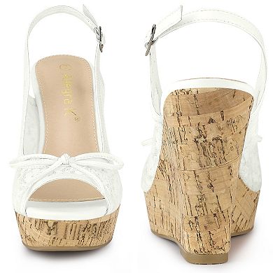 Platform Heels Lace Bow Slingback Wedge Sandals for Women
