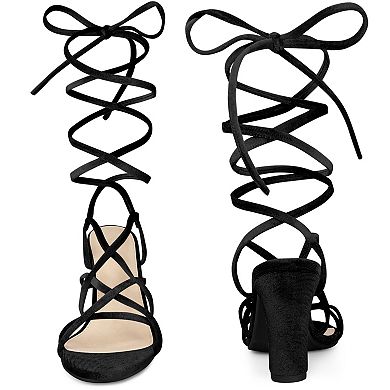 Strappy Faux Velvet Lace Up Chunky Heels Sandal for Women